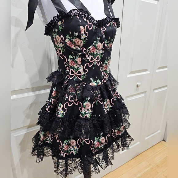 Dolls Kill Widow Goth Bows Floral Bewitched Bloom Tiered Black Lace Mini Dress - Picture 2 of 11